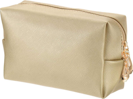 Bronze-gold PU makeup pouch with smooth metal zipper and tassel pull