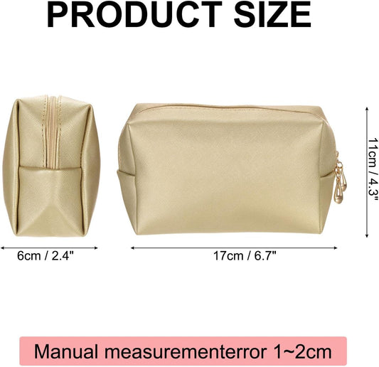Small bronze-gold PU makeup bag with top zipper, square pouch shape