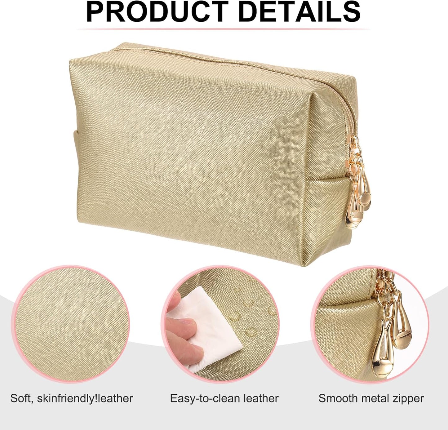 PU Leather Square Makeup Bag, Waterproof Cosmetic Organizer Bag Zipper Pouch Travel Toiletry Bag for Women for Makeup Brush Holder (Bronze Gold, Small)