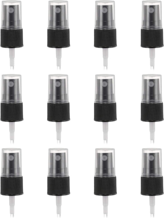 Set of 12 black spray tops with clear dip tubes and fine-mist nozzles