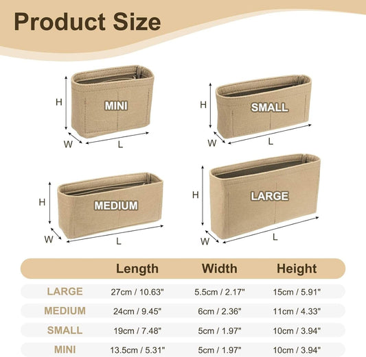 Felt purse organizer insert shown in mini, small, medium, and large sizes