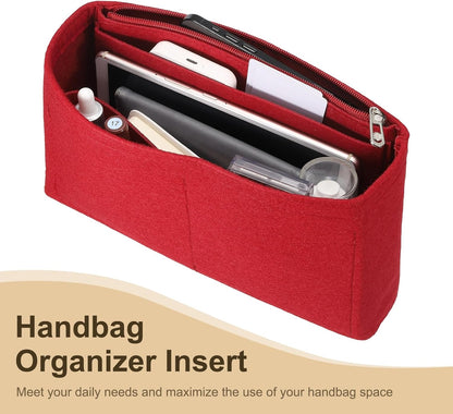 Purse Organizer Insert, Felt Portable Handbag Shaper Multiple Compartments Liner Pouch for Handbag Purse Tote Bag, 5.3" x 2" x 4", Beige