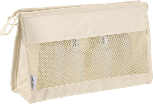 Cream mesh makeup bag with zipper and wrist strap, rectangular pouch with front mesh panel