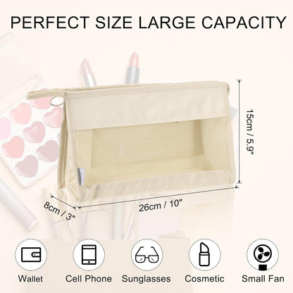 Mesh Makeup Bag, Large Capacity Travel Zipper Cosmetic Bags, Beach Mesh Toiletry Pouches Purse Storage Organizer for Women Girls, Cream