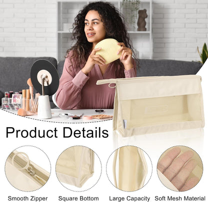 Mesh Makeup Bag, Large Capacity Travel Zipper Cosmetic Bags, Beach Mesh Toiletry Pouches Purse Storage Organizer for Women Girls, Cream