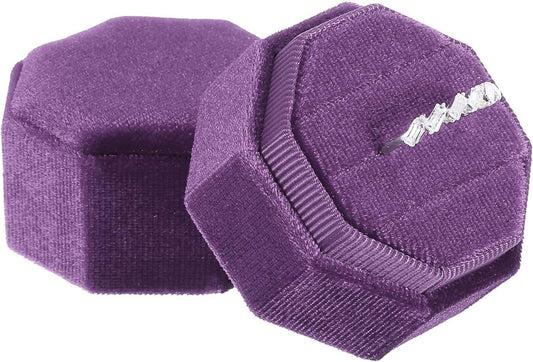 Deep purple velvet octagon ring box with lid open, showing ring holder slots