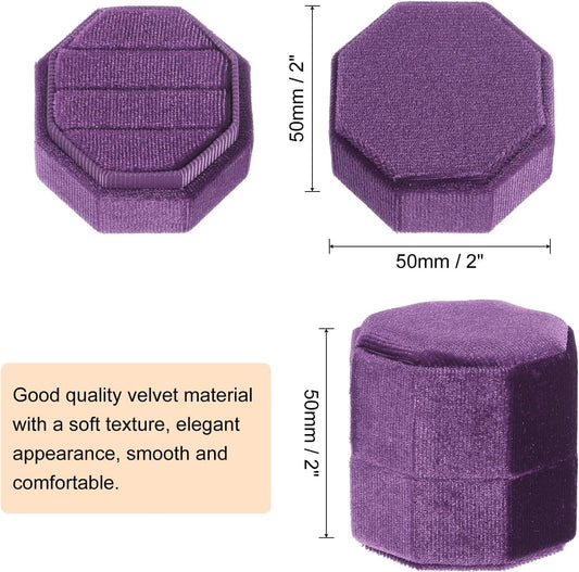 Deep purple velvet octagon ring box, closed, with interior ring display tray