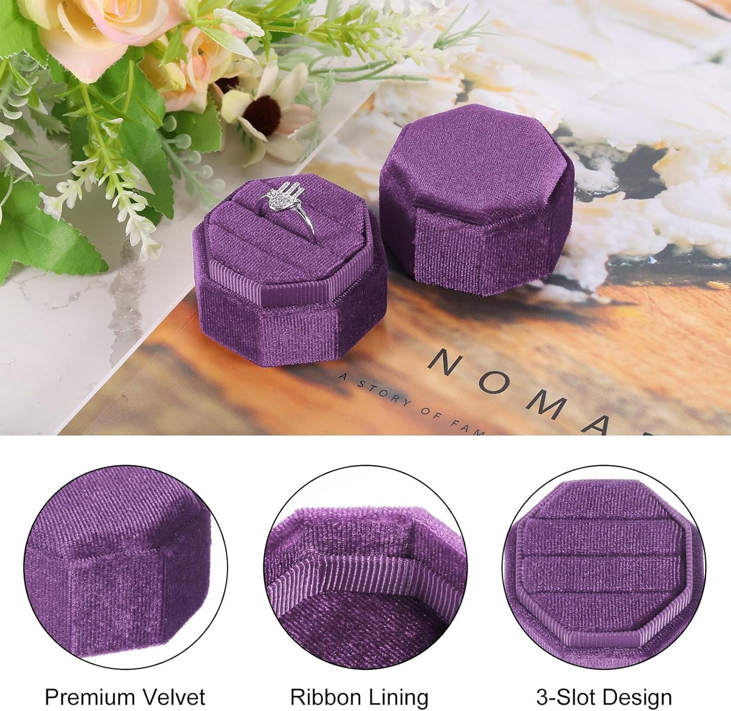 Velvet Ring Box, 3 Slot Octagon Wedding Ring Display Holder Box Jewelry Ring Gift Box for Wedding Ceremony Proposal Engagement (Deep Purple)