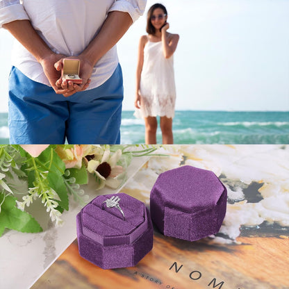 Velvet Ring Box, 3 Slot Octagon Wedding Ring Display Holder Box Jewelry Ring Gift Box for Wedding Ceremony Proposal Engagement (Deep Purple)