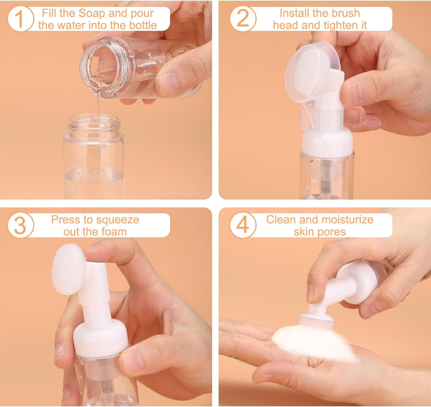 4Pcs Empty Foaming Soap Dispenser, 2oz / 60ml Facial Cleanser Foam Bottle with Brush for Hand Soap, Shampoo, Shower Gel, Yellow