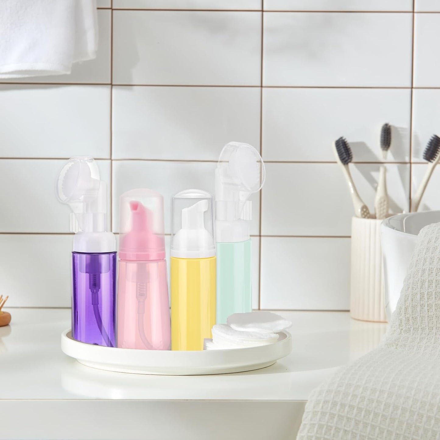 4Pcs Empty Foaming Soap Dispenser, 2oz / 60ml Facial Cleanser Foam Bottle with Brush for Hand Soap, Shampoo, Shower Gel, Yellow