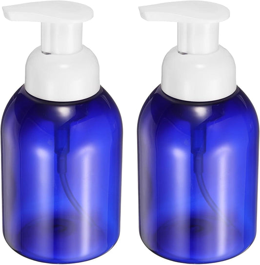 Pair of blue foam soap pump bottles with white pump heads, 350 ml refillable