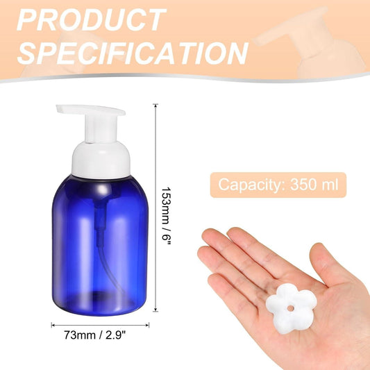Blue refillable foam pump bottle with white dispenser head and hand