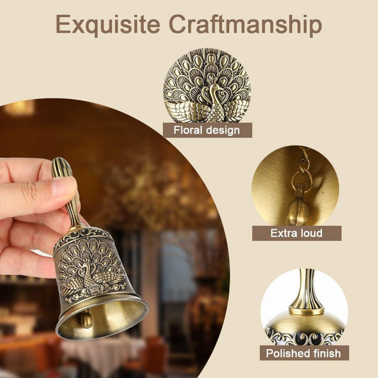 Ornate brass handbell with flared rim, held by a hand