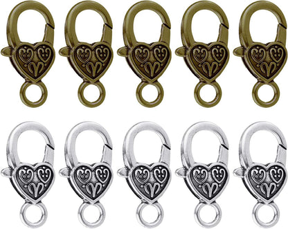 Heart Lobster Clasps 20 Pieces Large Tibetan Antique Heart Lobster Claw Clasps for Jewelry Making Findings Crafts (10pcs Silver, 10pcs Bronze)