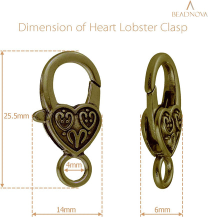 Heart Lobster Clasps 20 Pieces Large Tibetan Antique Heart Lobster Claw Clasps for Jewelry Making Findings Crafts (10pcs Silver, 10pcs Bronze)