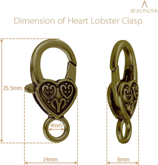 Heart lobster clasp with heart charm and side hook, antique bronze finish