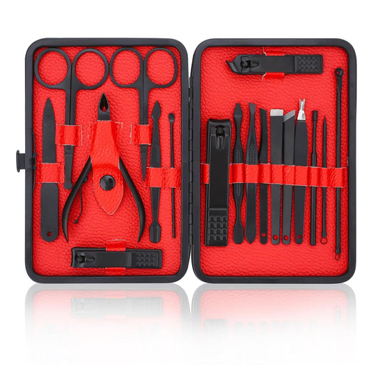Manicure and pedicure tool set cases with arranged stainless clippers and files