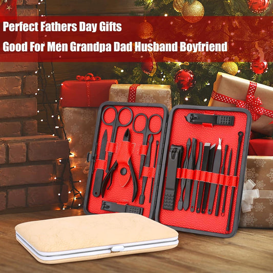 Manicure and pedicure tool set with two open red cases of stainless tools