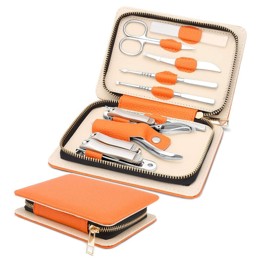 Manicure and pedicure tool set in an orange leatherette zip case with metal attachments
