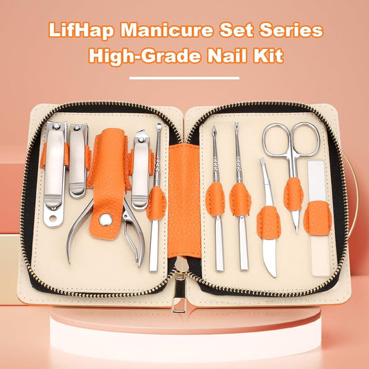 Manicure set tools in open beige zip case with orange grips and stainless steel blades