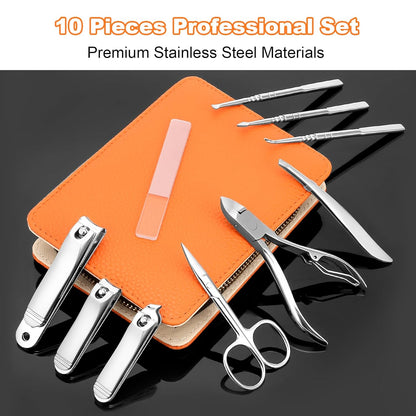 Professional Manicure Set for Adult,10-in-1 High-Grade Nail Cutter Ingrown Toenail Clippers Pedicure with Leather Travel Case.Heavy-Duty Stainless Steel Men Women Nail Care Grooming Kit.
