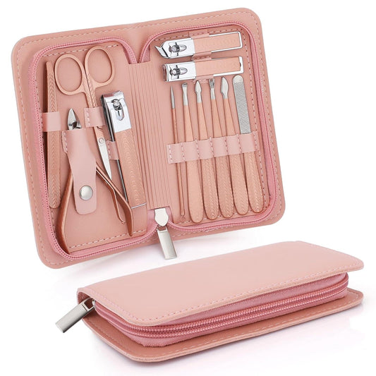 Rose gold nail care tool kit in pink zip case with clippers and files