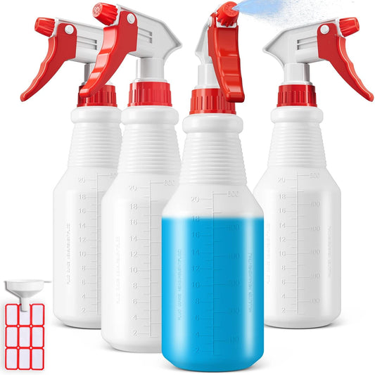 Set of four refillable spray bottles, white plastic with red trigger nozzles and mist caps