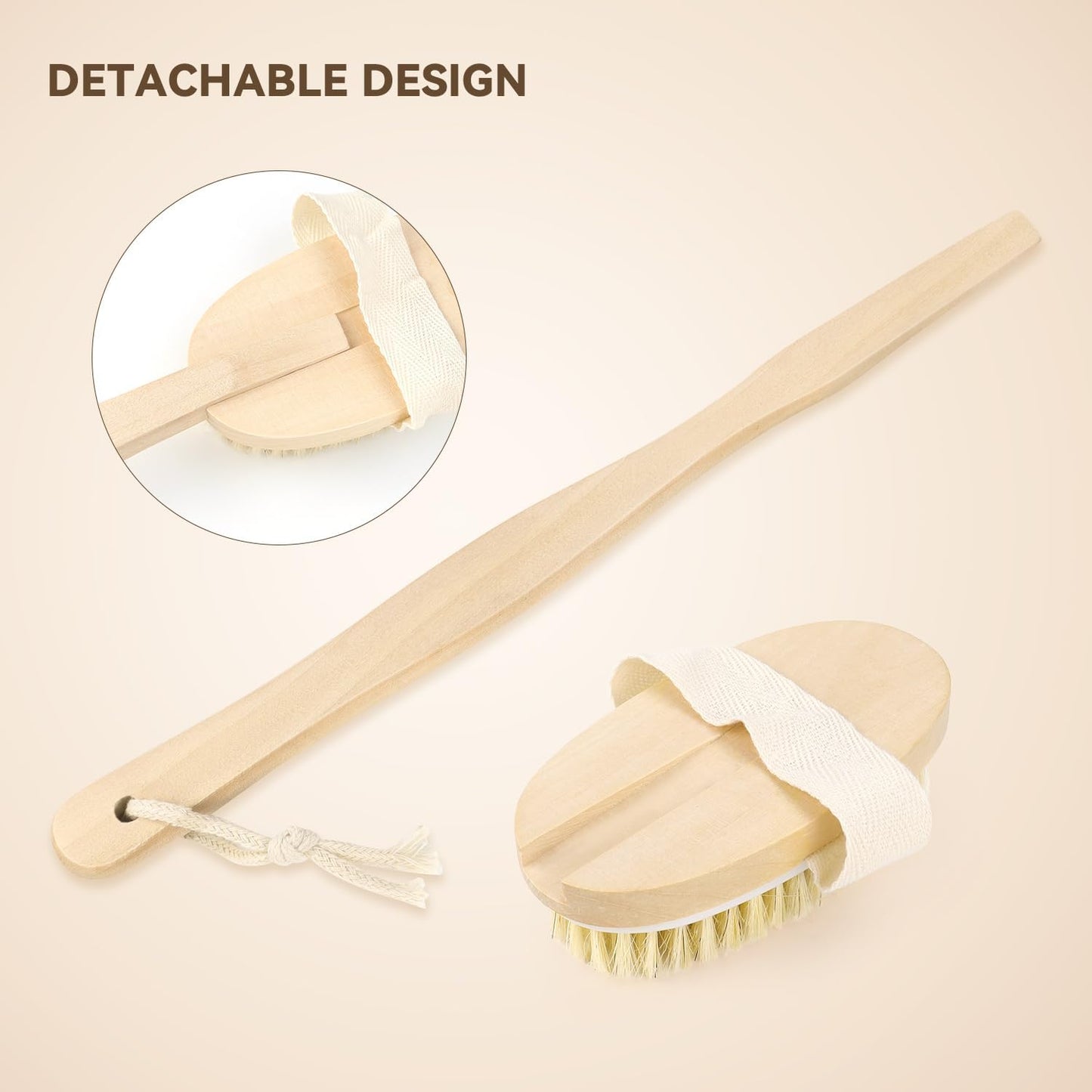 2 Pack Detachable Bath Bristle Brush, Wood Long Handle Dry Brushing Body Brush for Shower