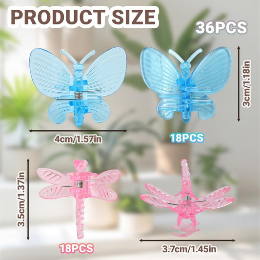 36 multicolor butterfly plant support clips, blue and pink, for vine tying