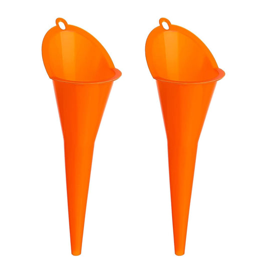 Pair of orange plastic funnels with looped spouts