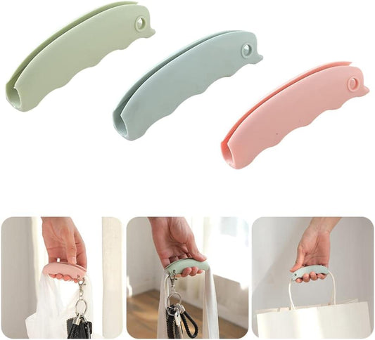 3-piece shopping bag handle set with soft padded silicone grips in light green, blue, and pink