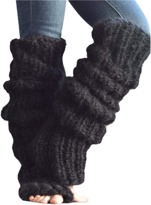 Black fuzzy leg warmers with ruffled cable-knit cuffs