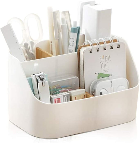 White desk organizer box with multiple compartments for pens, brushes, and small items