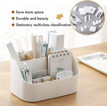 Pink Desk Organizer with Compartments Small Storage Box for Makeup Brushes Pens Pencils Remote Controls Office Accessories