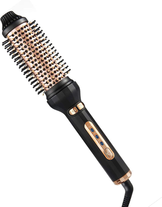 Black automatic curling iron with round hot brush barrel and rotating bristles
