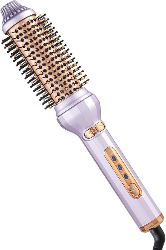 Purple automatic curling iron with golden barrel brush and control buttons