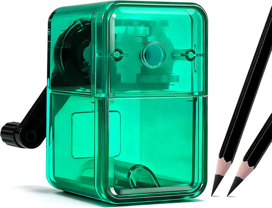 Green tabletop pencil sharpener with adjustable sharpening knob and pencil feed
