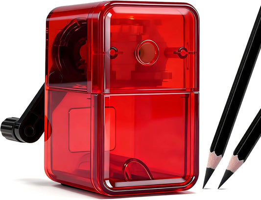 Red transparent tabletop pencil sharpener with side handle