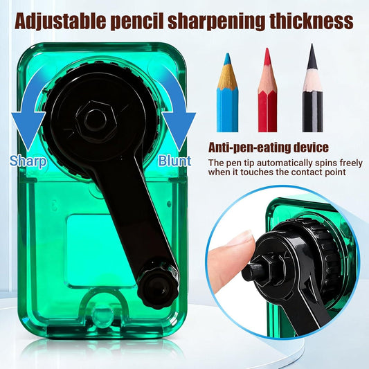 Green transparent tabletop pencil sharpener with colored pencils