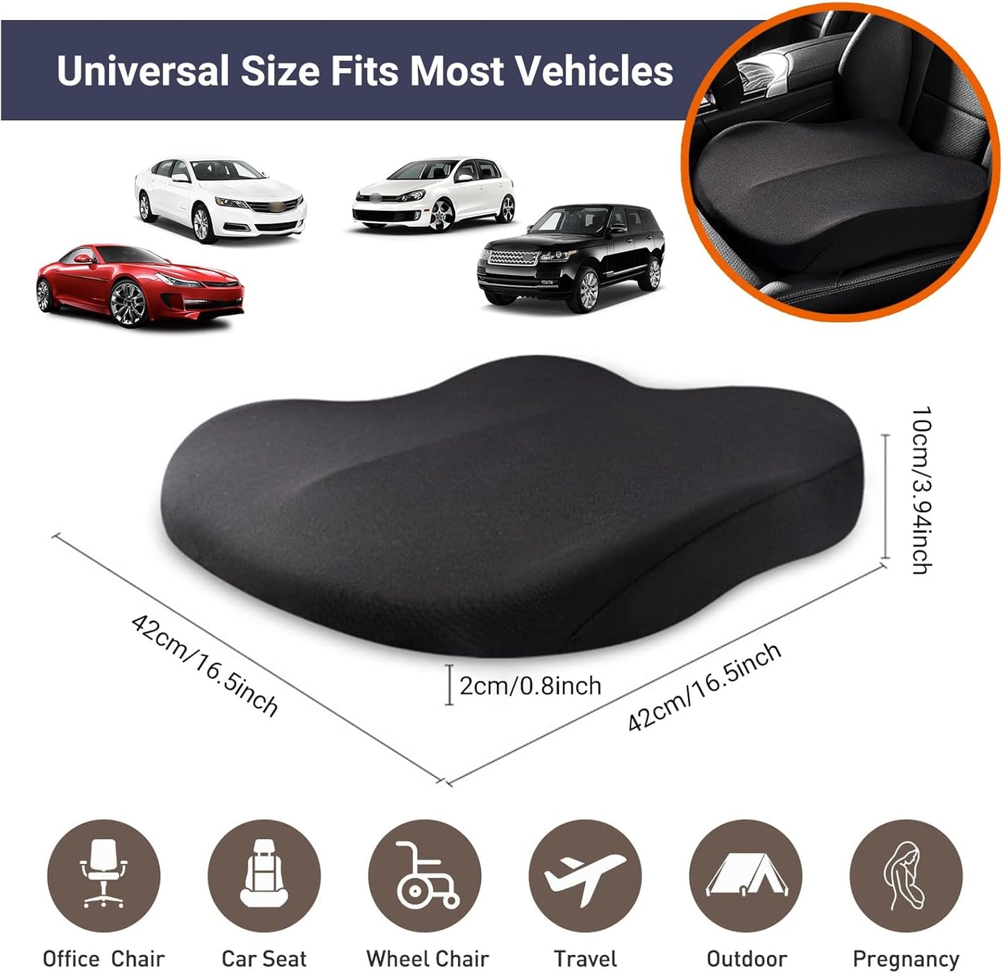 Memory Foam Car Seat Cushion 42x42x10cm Brown - Comfortable Supportive Auto Seat Pillow for Enhanced Driving Experience