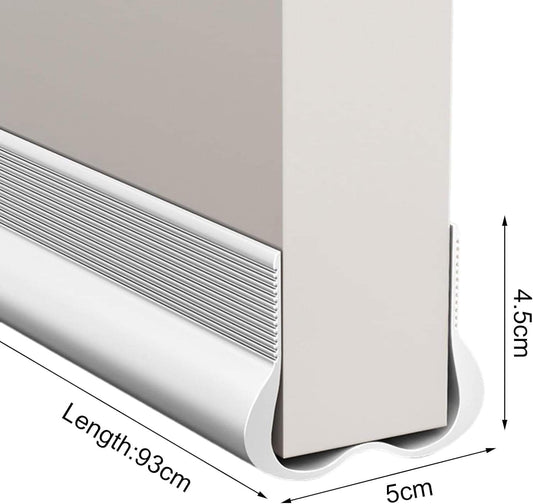 White door draft stopper strip with curved base and dark ribbed insert