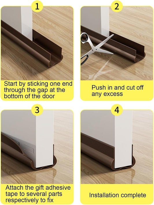 Brown door draft stopper strip cushion being measured and cut to fit door bottom gap