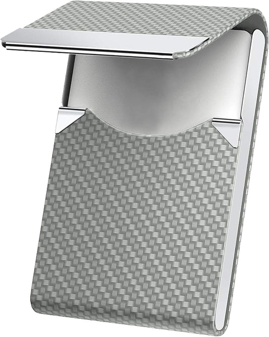 Magnetic business card holder with textured green PU leather and silver metal frame