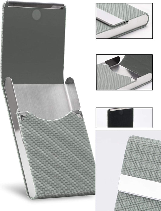 Business card holder with textured green PU leather pocket and open silver metal base