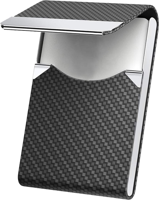 Black textured card holder with silver magnetic clasp and fold-over cover