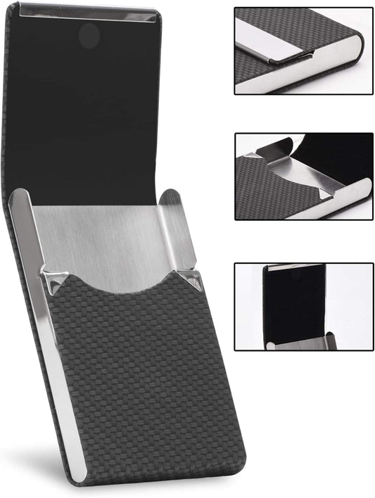Black textured card holder with open face and silver magnetic closure bar