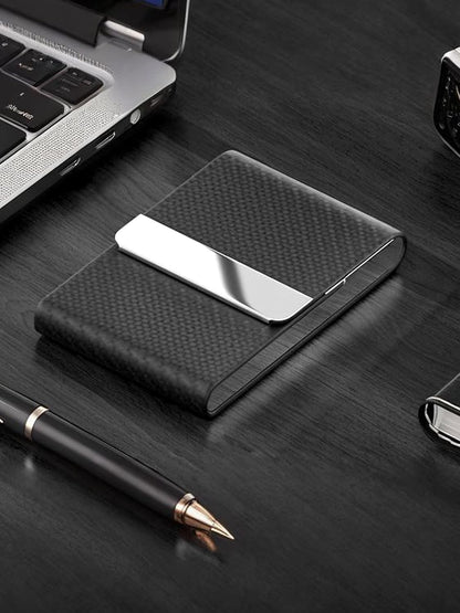 Men's PU Leather and Stainless Steel Magnetic Closure Credit Card Holder Luxury Business Card Case Black
