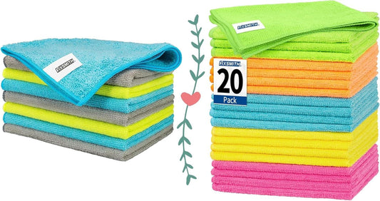 Stacked microfiber cleaning cloths, teal, lime green, orange, and pink folded rectangles