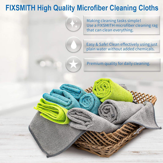 Microfiber cleaning cloths in a basket, folded rolls in blue, green, and gray